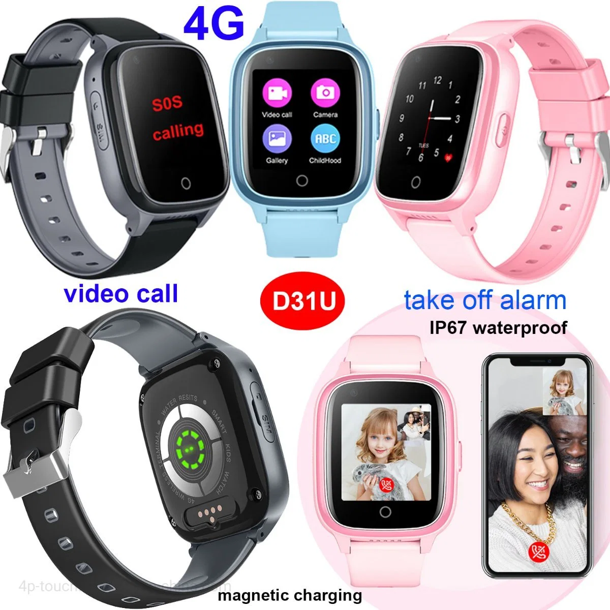 Best Quality removal detection 4G IP67 Waterproof Video Call Smart Child safety SOS Tracker Kids GPS Device with safety zone setup D31U