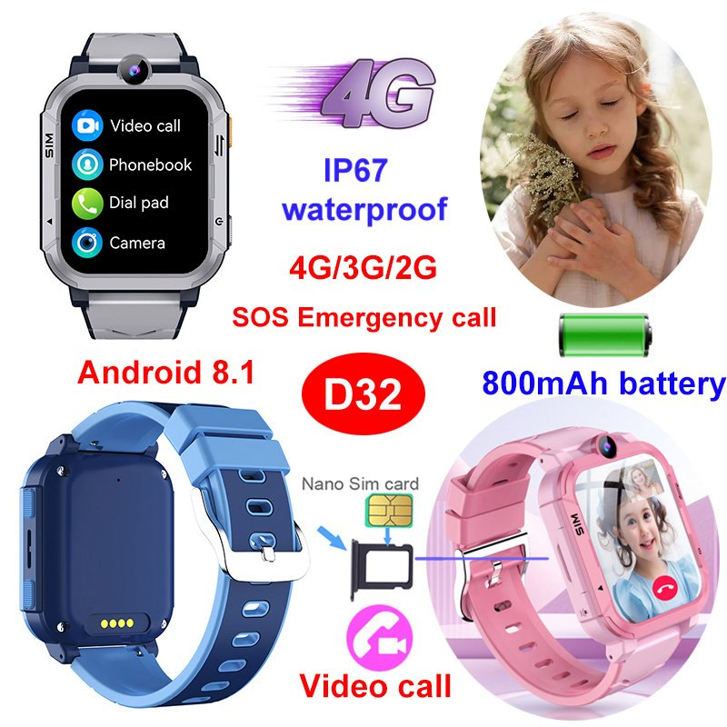 Fashion design China manufacture 4G IP67 waterproof gift sport parental control child smart watch with GPS tracker for SOS panic button safety zone setup D32