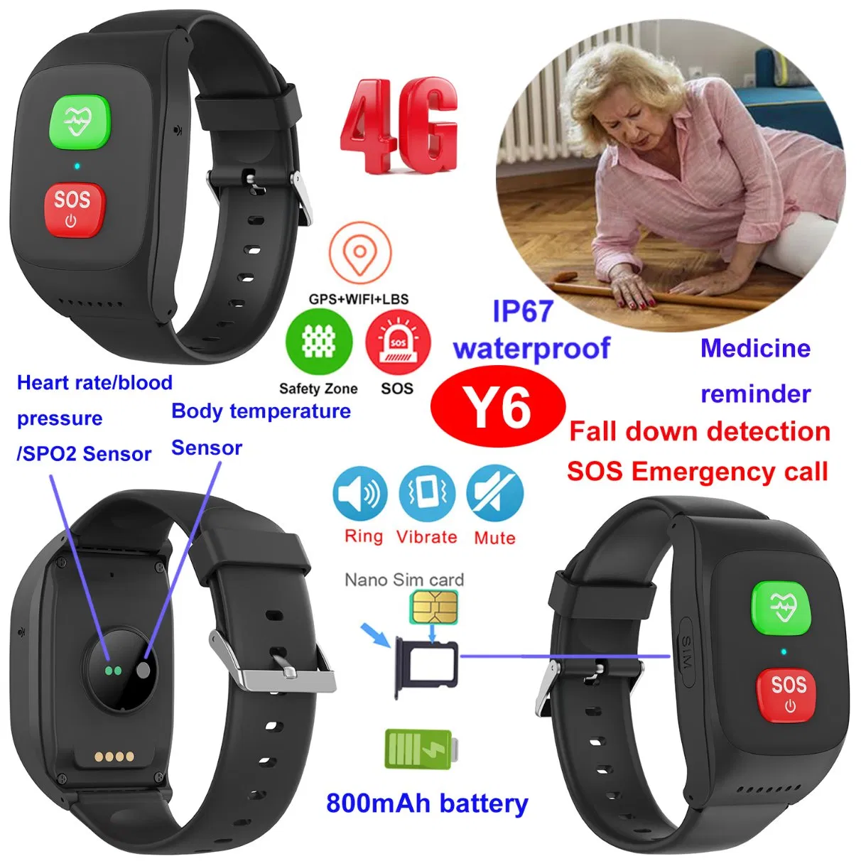 4G IP67 waterproof elderly fitness smart GPS tracker watch with history tracking medicine reminder Y6