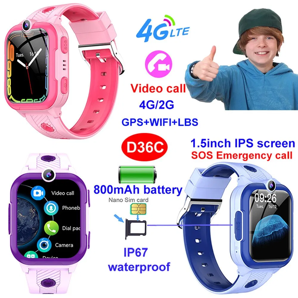 Top quality 4G IP67 waterproof children GPS tracking smart watch with panic button realtime Google Map location D36C