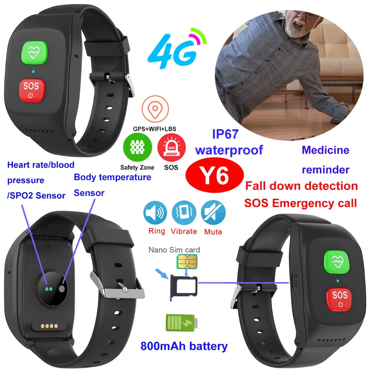 Hot selling China factory 4G IP67 waterproof long battery life senior smart GPS locator with auto pickup call voice remote monitoring Y6