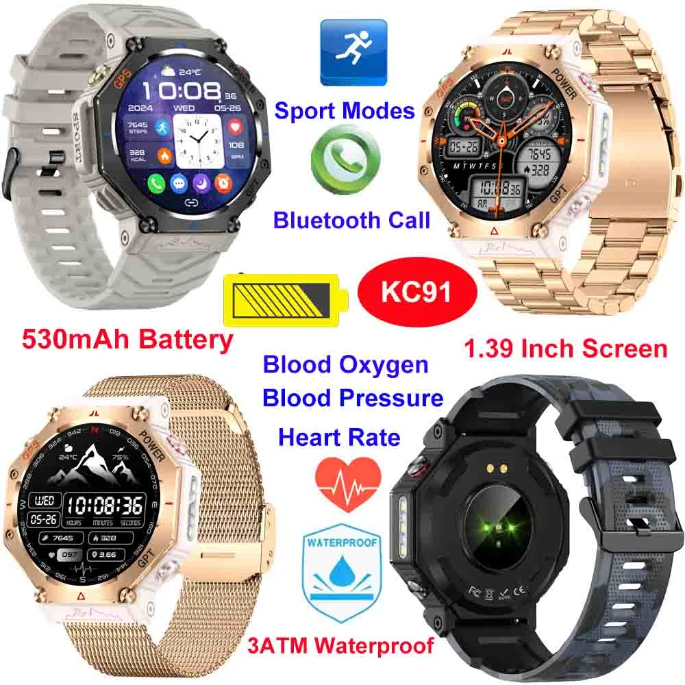 Fashion design China manufacture 3ATM waterproof smart bluetooth watch with heart rate blood oxygen blood pressure monitor for senior healthcare monitoring KC91
