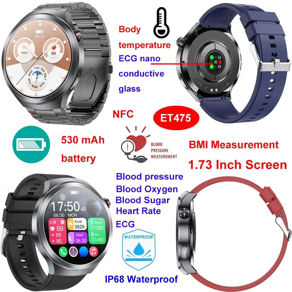 Best quality China factory IP68 waterproof senior health monitoring smart bluetooth watch with heart rate blood pressure blood sugar blood oxygen monitor ET475