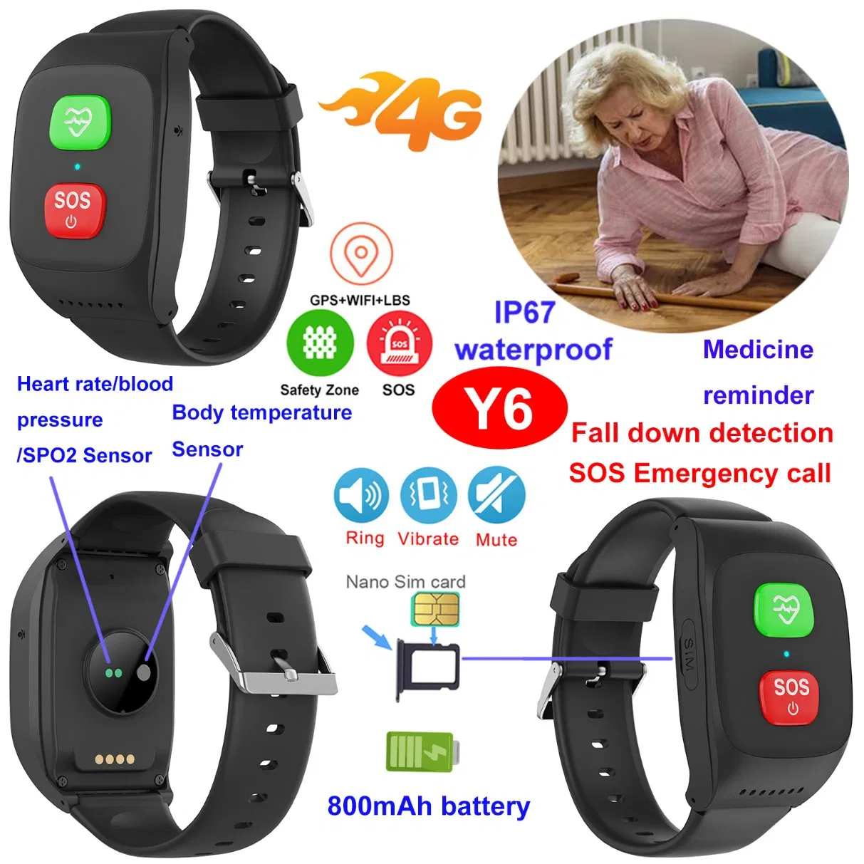 Best China manufacture IP67 waterproof elderly healthcare SOS alarm smart GPS tracker watch with panic button fall detection for emergency call Y6