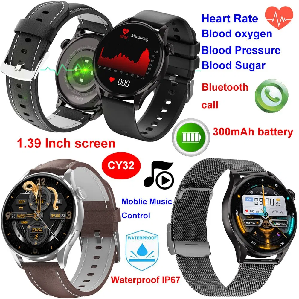 Top quality China manufacture IP67 waterproof smart bluetooth watch with heart rate blood sugar for senior healthcare monitoring CY32