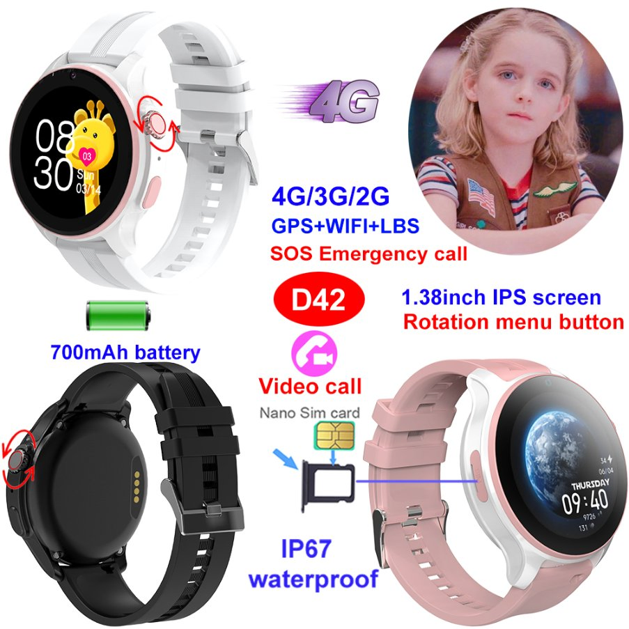 Hot selling China manufacture IP67 waterproof parental control kids smart GPS tracker watch with rotation menu button SOS panic button video call class mode D42