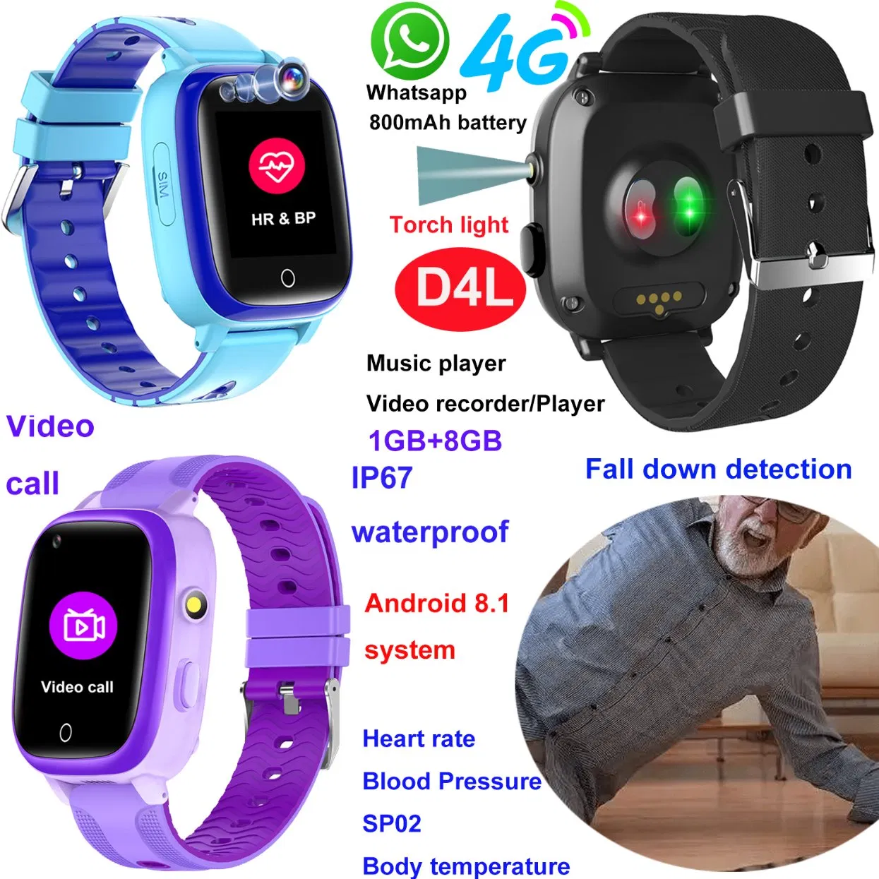 New launched China supplier 4G IP67 water resistance intelligent security elderly parent GPS tracker Smart Watch with fall down detection D4L