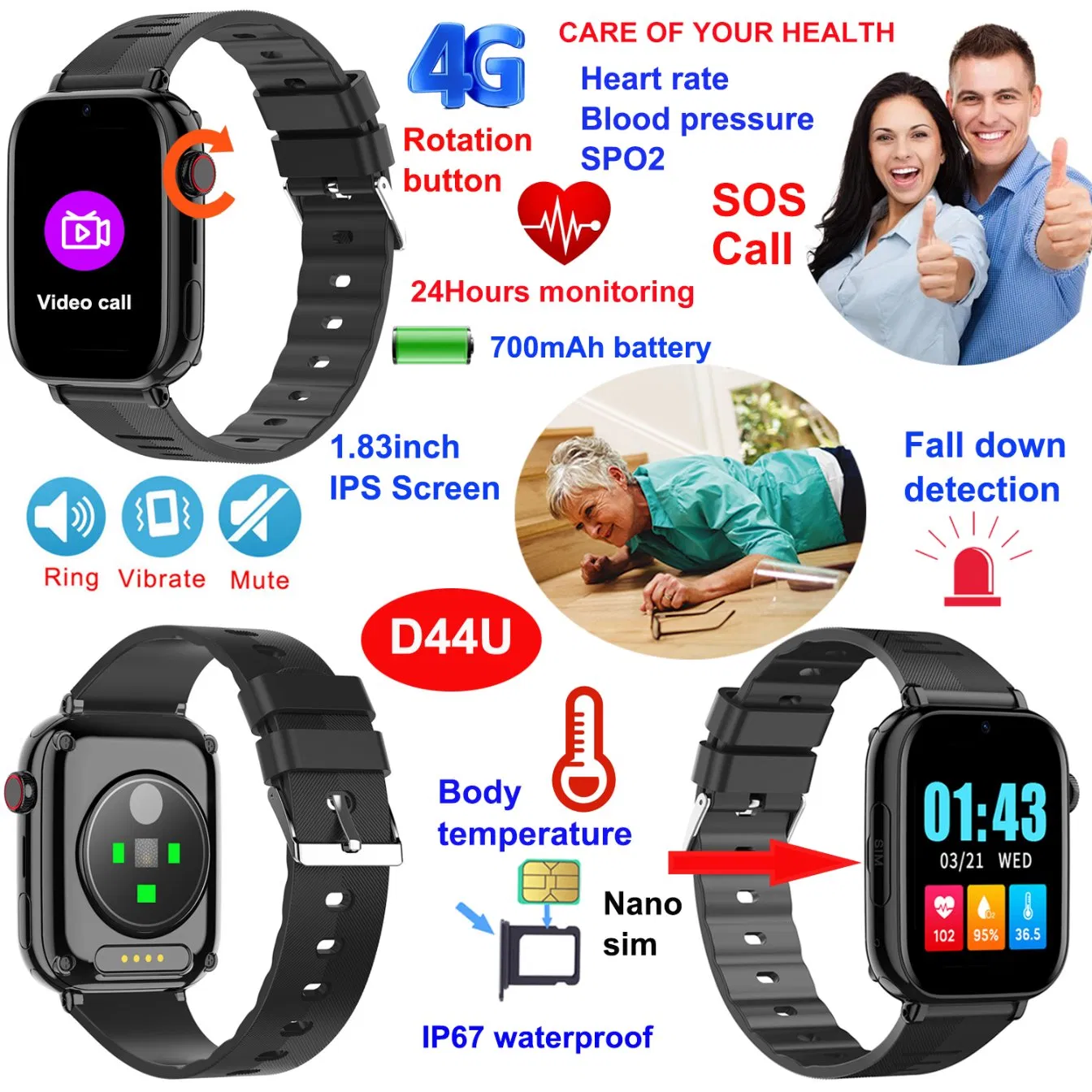 Latest Launched 4G IP67 Waterproof Senior Healthcare GPS Watch with HR/BP/SPO2 Monitoring for Fitness Tracking D44U