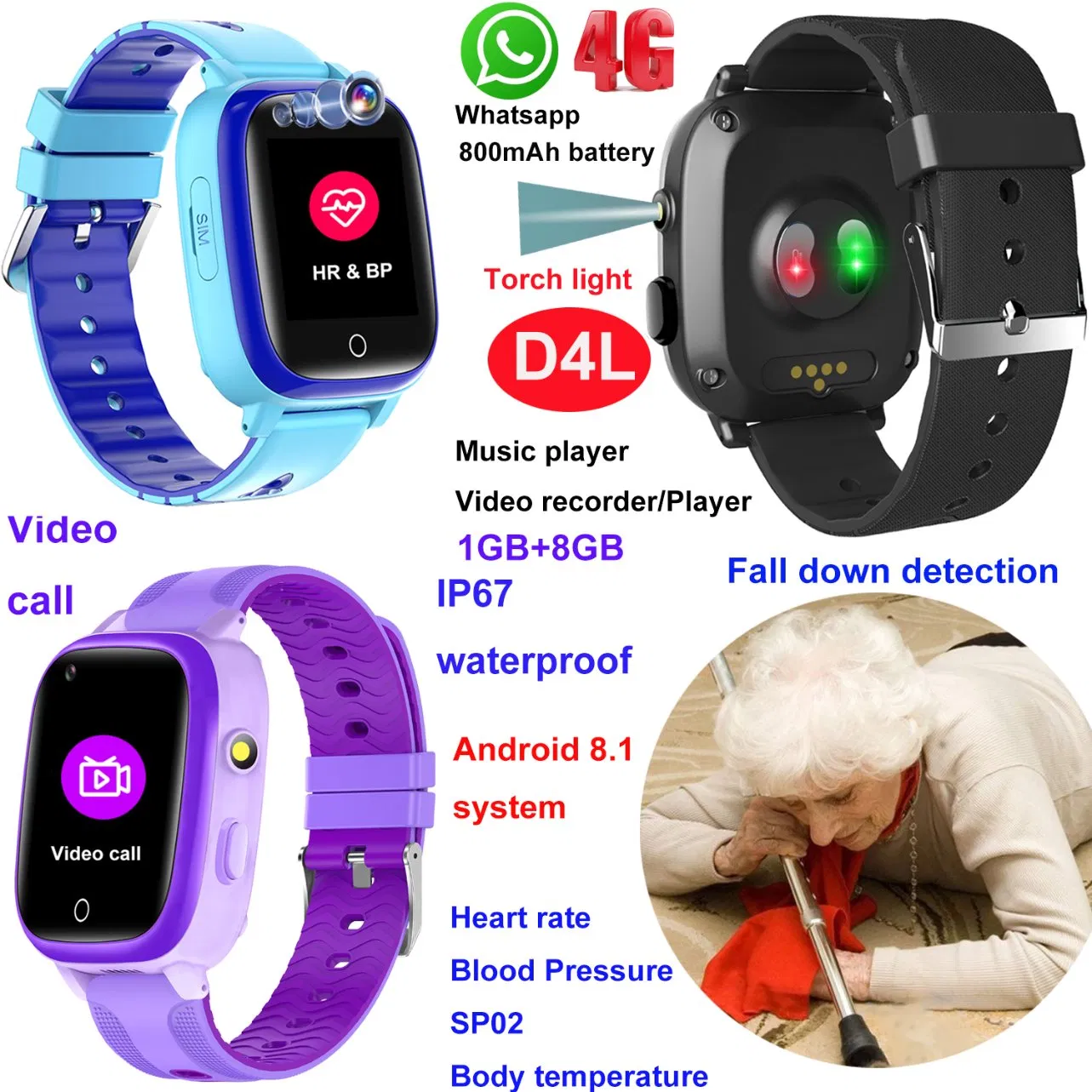 New launched IP67 Waterproof 4G LTE Video Call security GPS Tracking Tracker Smart Watch with Fall Down Detection HR Blood Pressure D4L