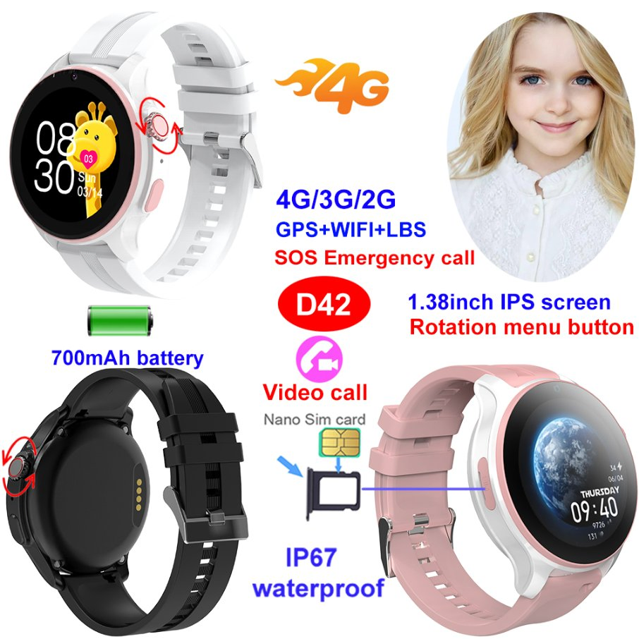 Wholesale China manufacture 4G IP67 waterproof digital student smart GPS tracker watch with safety zone setup SOS panic button no disturbing in class D42