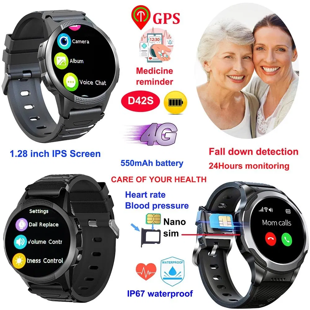 Wholesale China factory 4G waterproof digital senior elderly gps tracking smart watch with fall down detection D42S