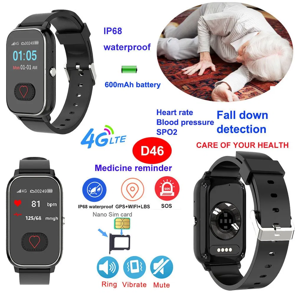 4G Elderly Personal Safety GPS Tracking device with Fall Alarm removal detection heart rate blood pressure D46