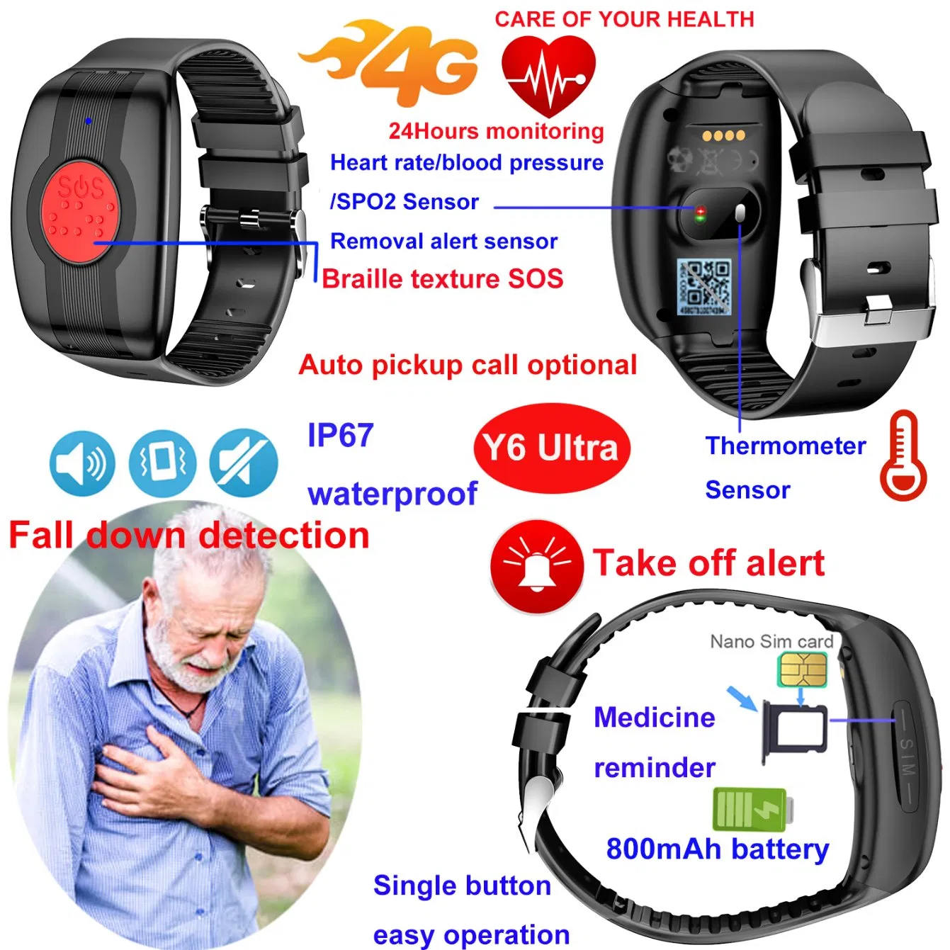 IP67 Waterproof 4G LTE Fall down alert GPS tracker device for Elderly Take off Alarm Y6Ultra