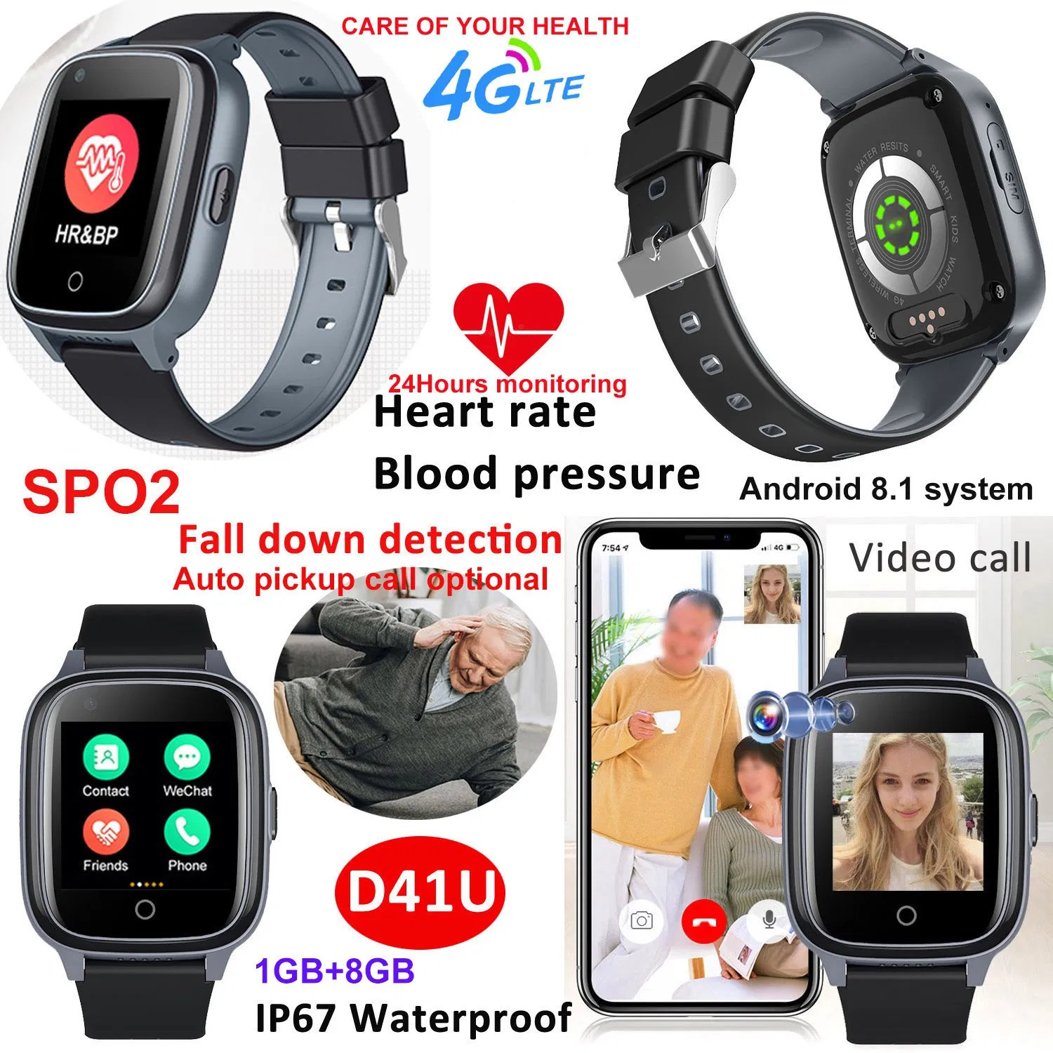 Best 4G IP67 Waterproof Heart Rate Blood Pressure SPO2 Monitor Senior Fall Down Alert Smart Watch GPS Tracker Watch D41U