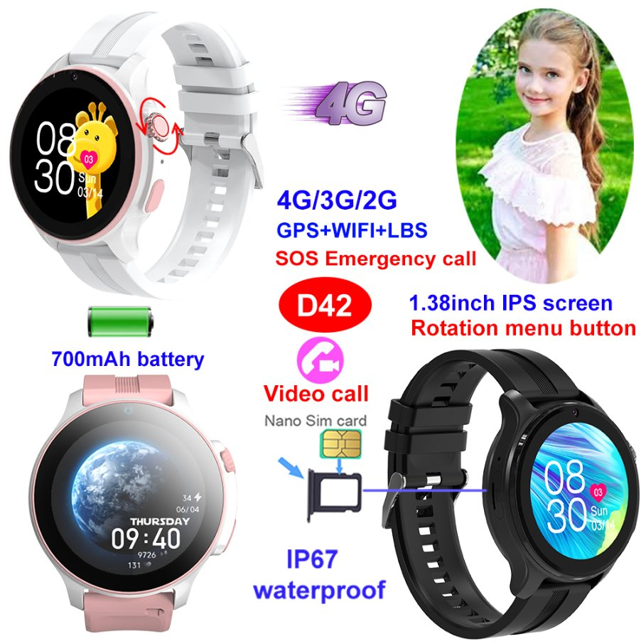 New developed China manufacture 4G IP67 waterproof kids safety smart GPS tracker watch with rotation menu button safety zone setup SOS panic button D42