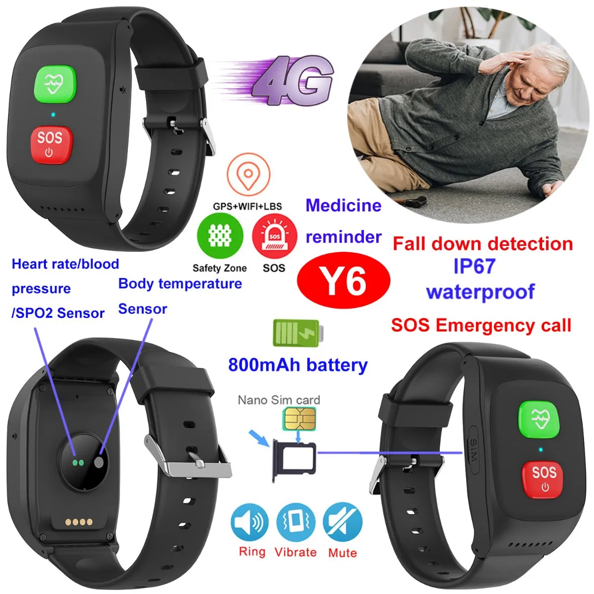 New design China manufacture 4G IP67 waterproof beauty accurate senior GPS tracker device with SOS button fall detection for emergency help Y6