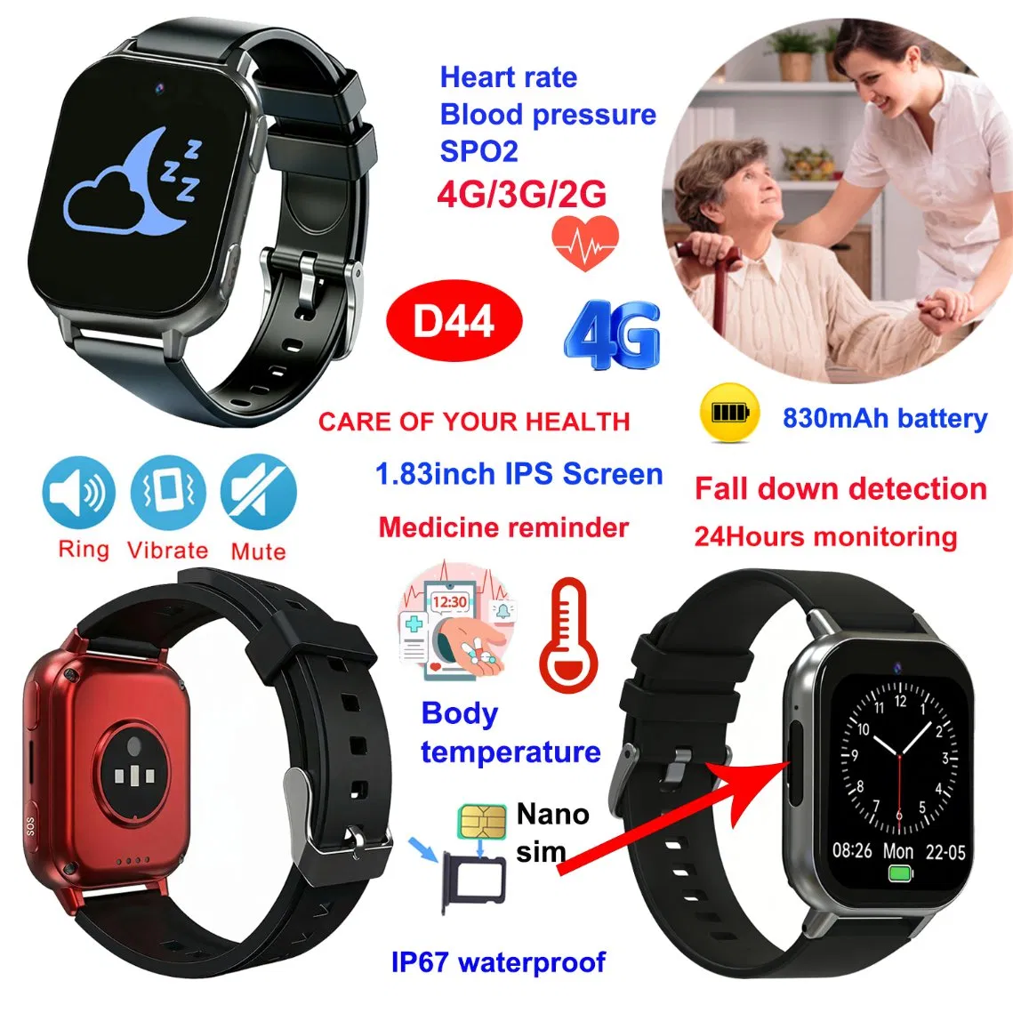 Hot Selling LTE IP67 Waterproof Large Screen Elderly Smart GPS Watch with Panic SOS Button for Emergency Help D44