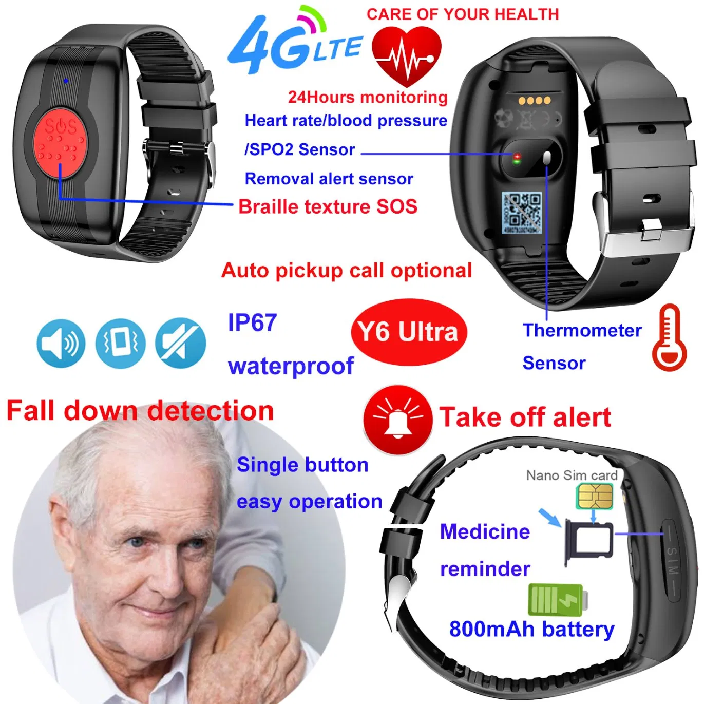 China Factory 4G LTE IP67 Waterproof SOS Body Temperature Senior Smart GPS Tracking Watch with Take off Alarm Alert Y6Ultra