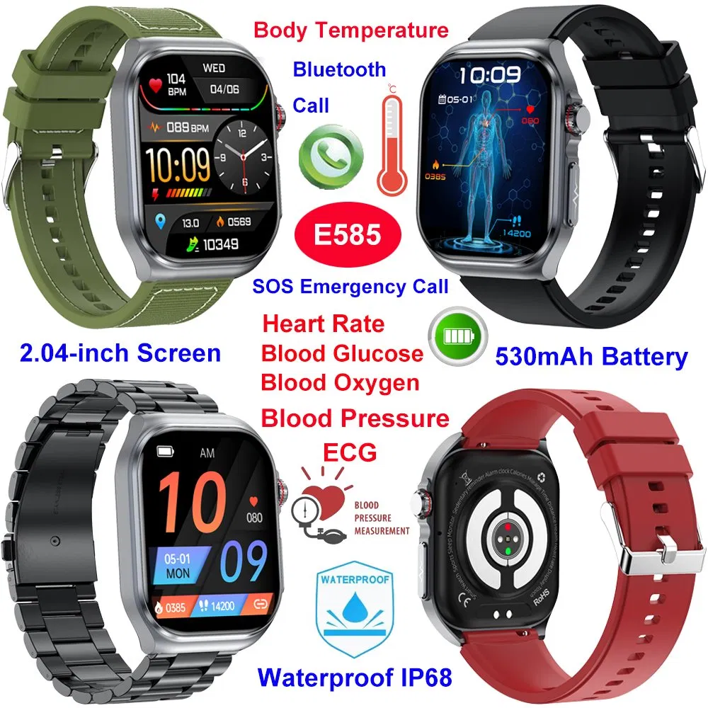 2025 new China factory IP68 waterproof senior digital smart bluetooth watch with heart rate blood pressure blood oxygen blood glucose monitor E585