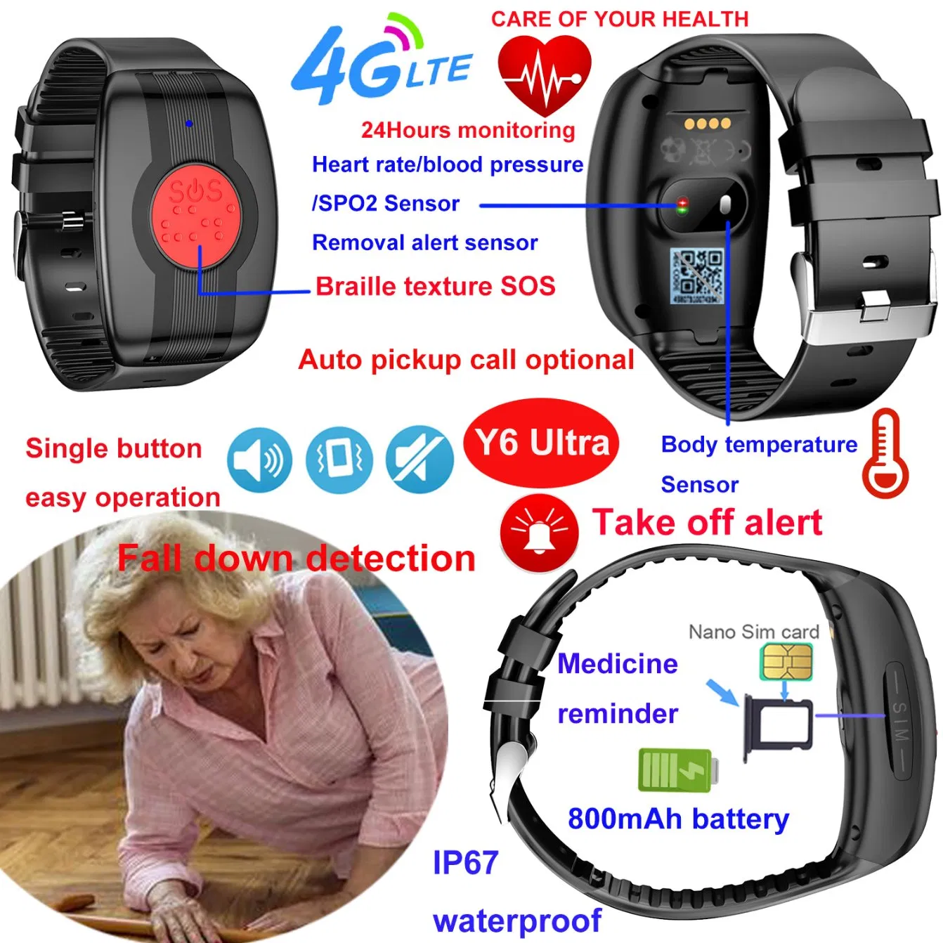 Latest 4G IP67 Waterproof Fall down Alarm electric SOS Elderly health care Smart tracking Tracker GPS Device with real time tracking and removal alert Y6Ultra