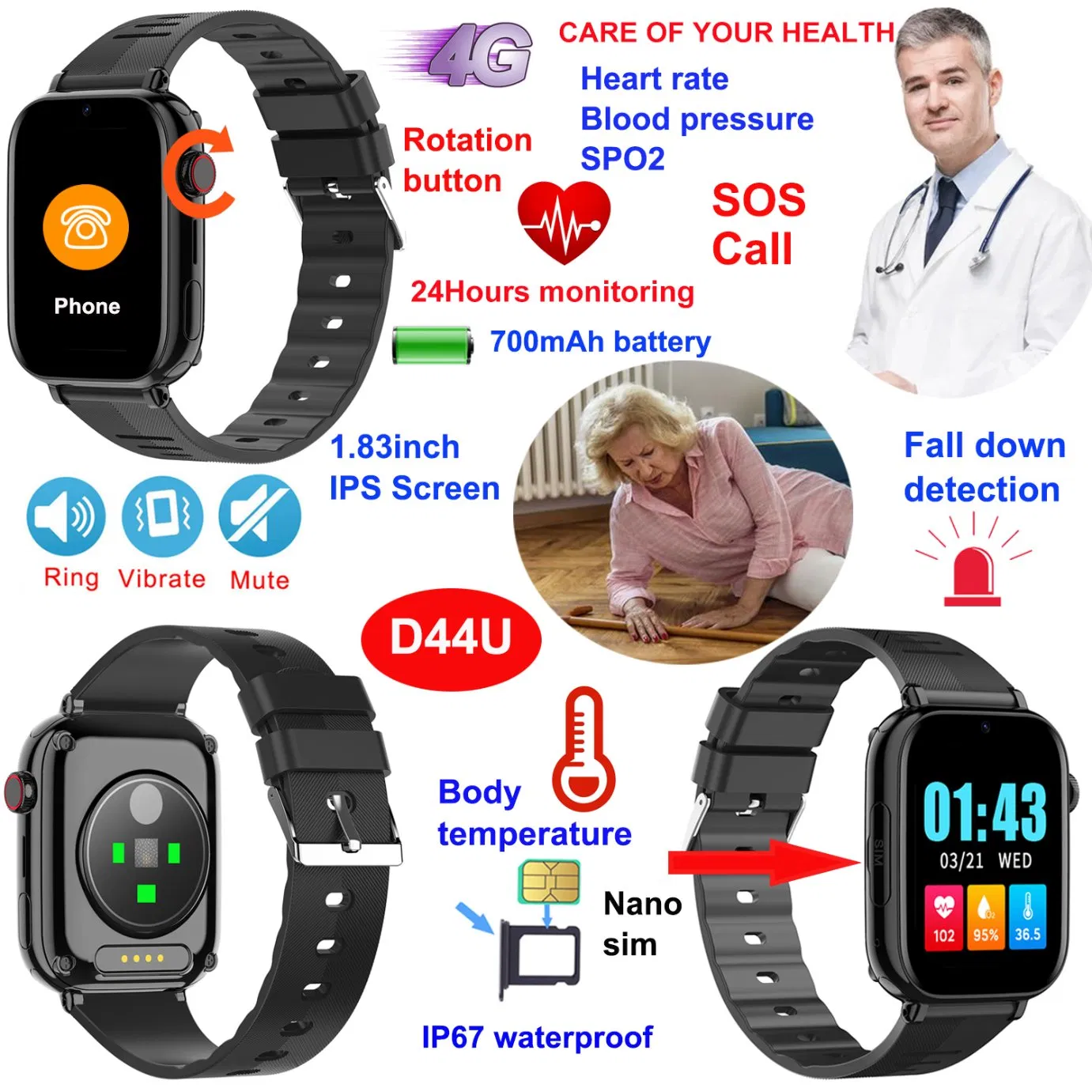 4G IP67 Waterproof Elderly Wearable Smart Watch GPS with History Tracking &nbsp;for Realtime location Monitoring D44U