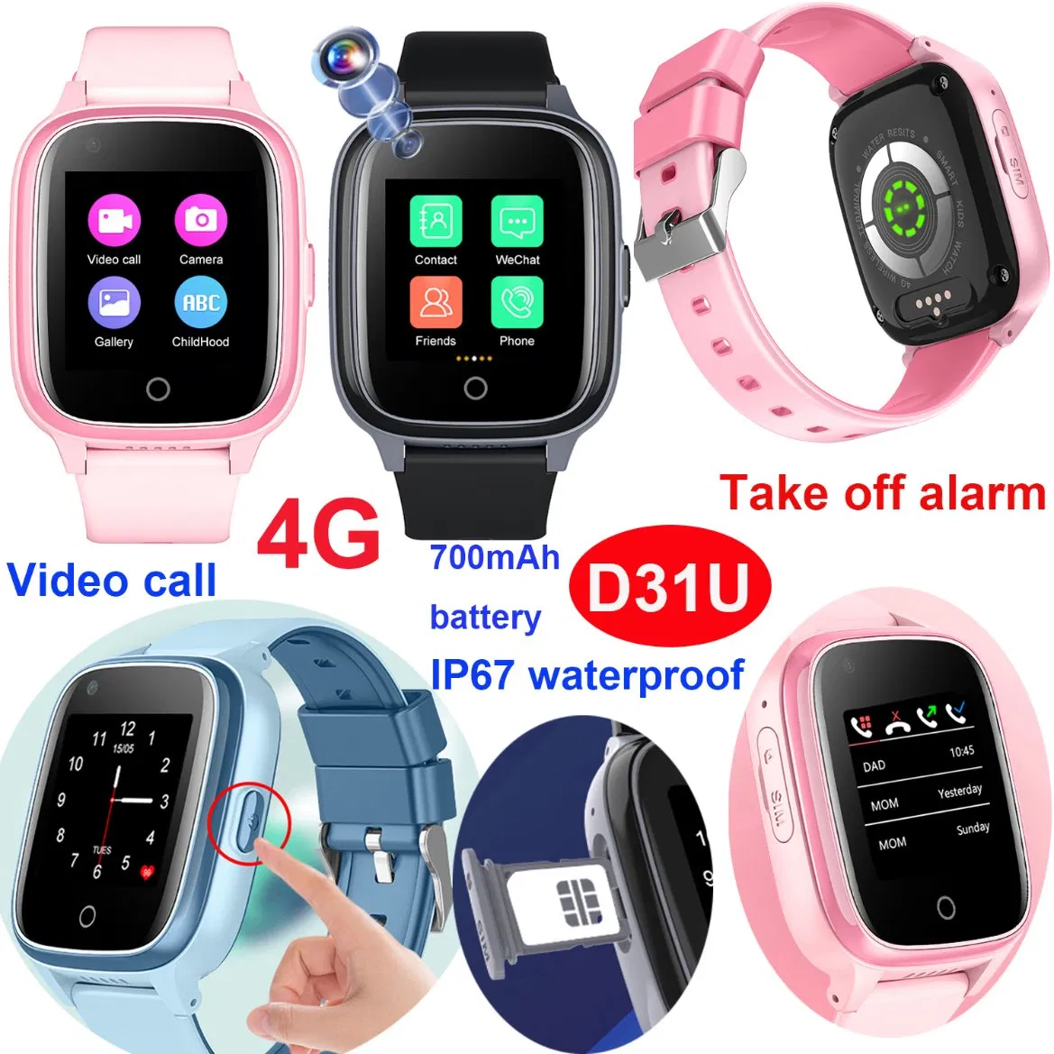 Newest 4G IP67 Waterproof Security WiFi Anti Lost Video Call Children Kids Smart GPS Tracker Watch for Global Tracking Location D31U