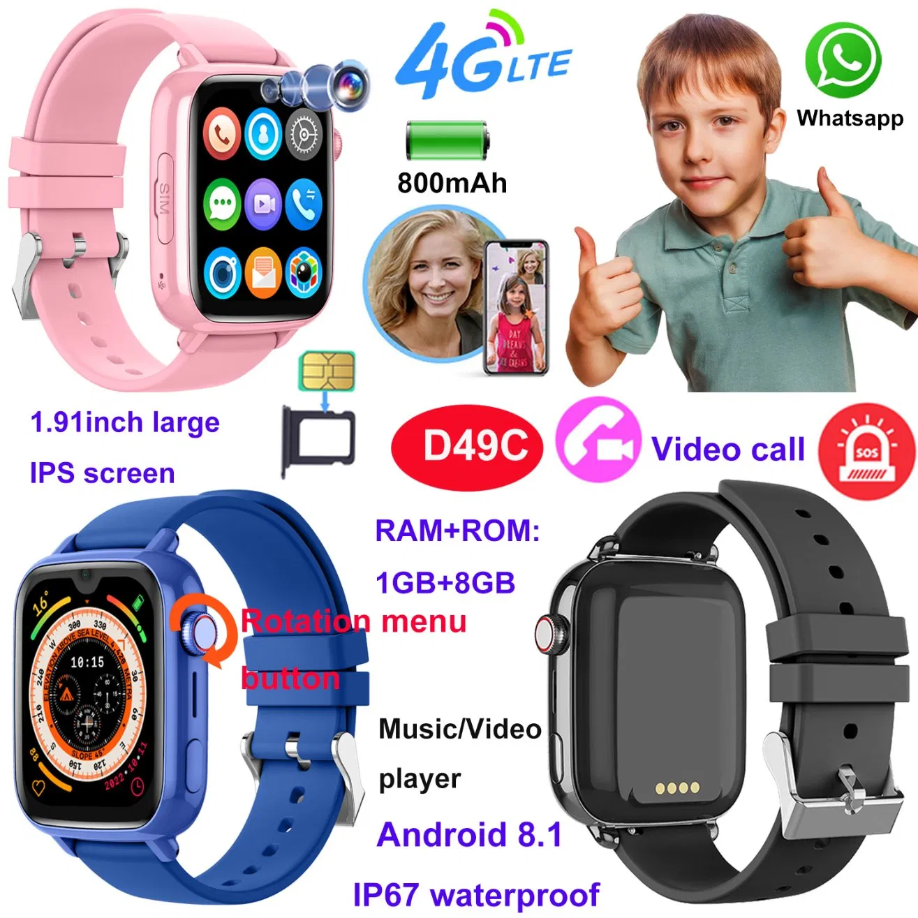 New Launched LTE Android 8.1 Student GPS Tracker Watch with Live Map Monitoring for Global Tracking Location D49C