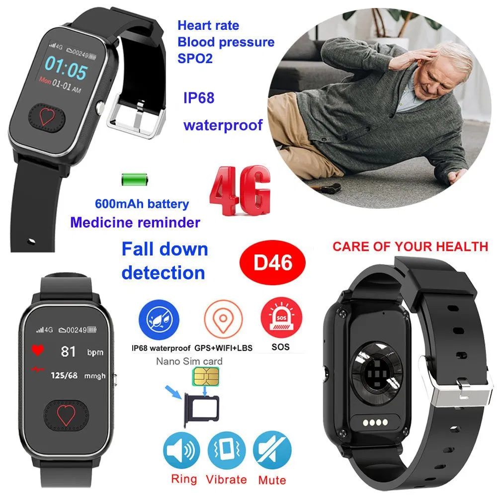Tiny design 4G IP68 Waterproof Senior healthcare GPS Tracker Smart Watch with Fall Downl detection D46