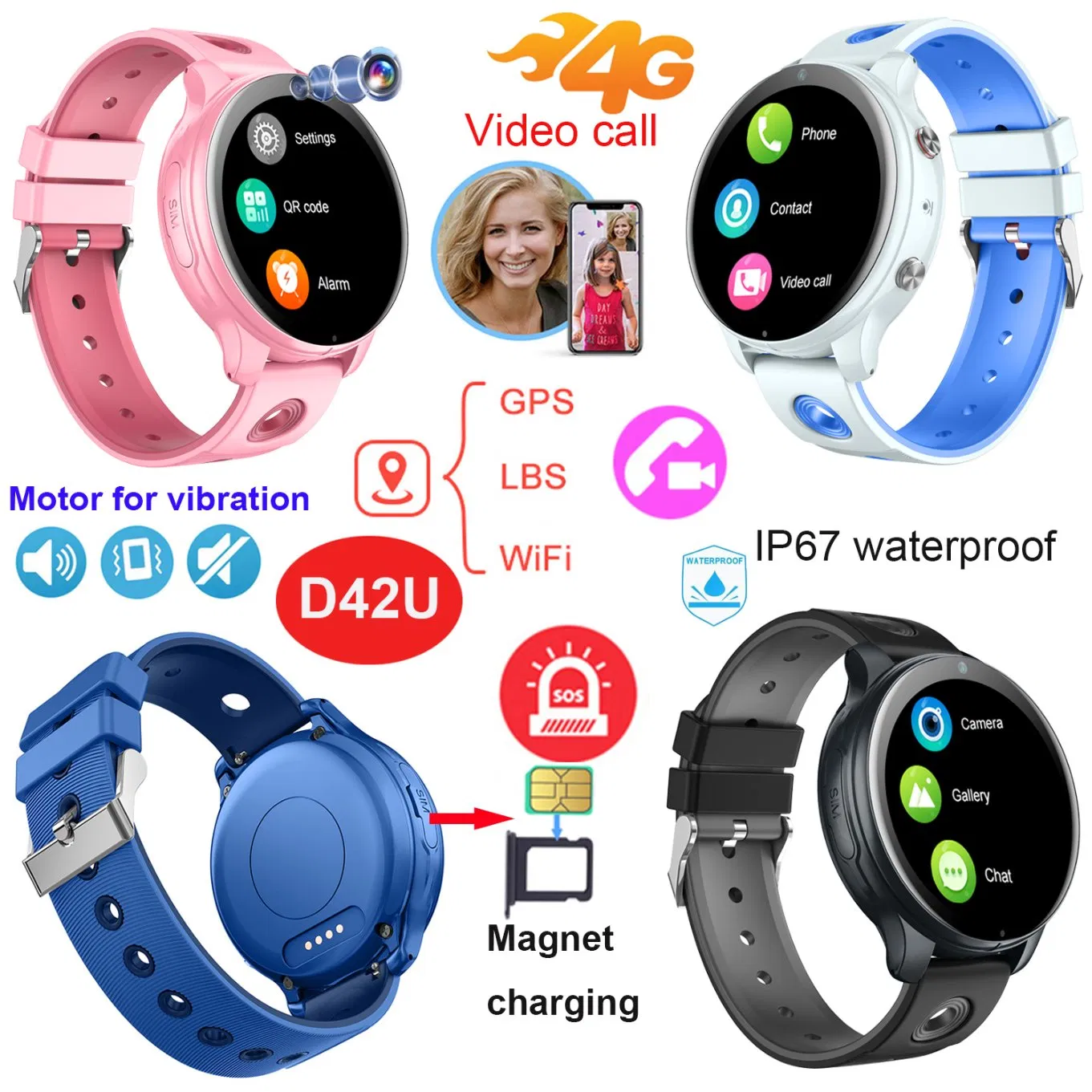 Best Selling round screen 4G IP67 Waterproof Girls Child Safety Cell Phone Kids Watch GPS Tracker with Two Way video call D42U