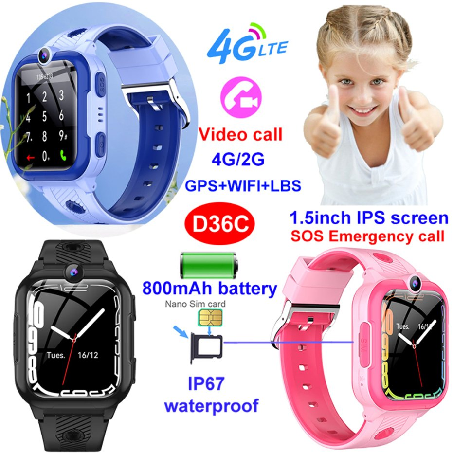 Top quality China manufacture 4G IP67 waterproof kids safety smart GPS tracker watch with live map monitoring SOS panic button video call class mode D36C