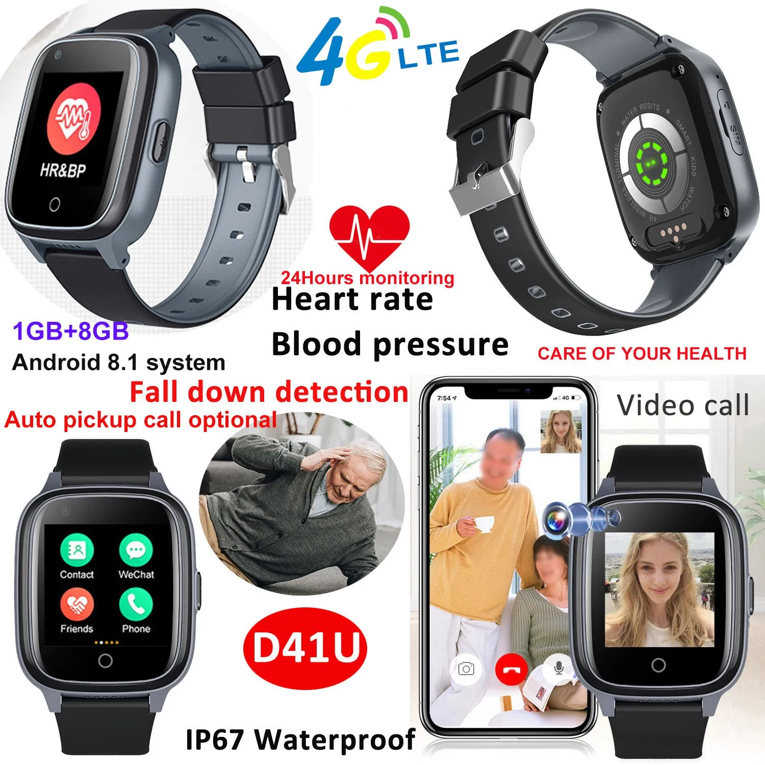China factory new 4G IP67 Waterproof Video Call Senior Smart GPS Tracker Watch with Heart Rate blood pressure Fall Down Alarm D41U