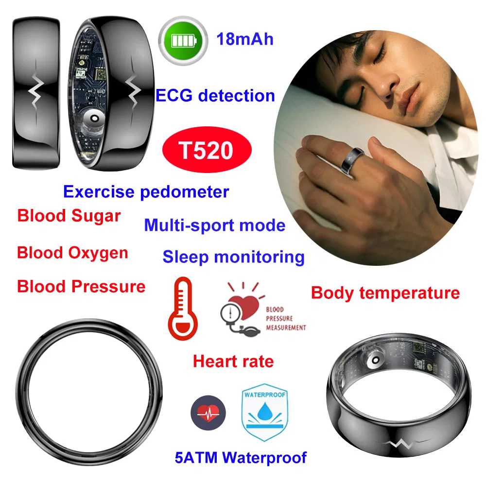 Long battery life 5ATM waterproof elderly smart bluetooth ring with ECG PPG blood pressure blood sugar sleep monitoring for senior T520