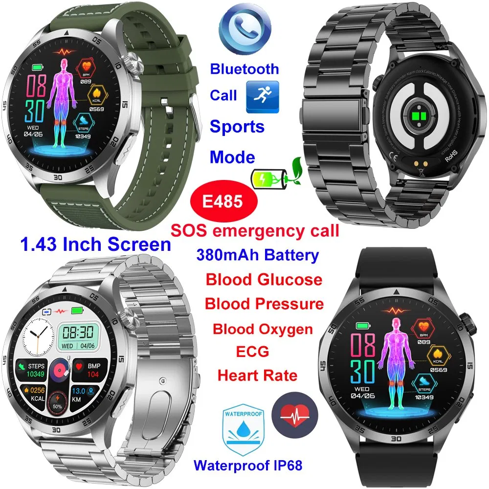 Top quality China manufacture IP68 waterproof elderly healthcare smart blutooth bracelet with ECG HR BP SPO2 blood glucose SOS emergency call E485