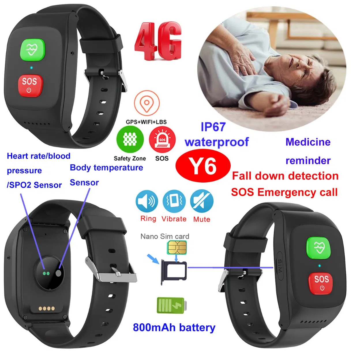 China factory 4G IP67 waterproof senior SOS alarm GPS device with panic button safety zone setup Y6