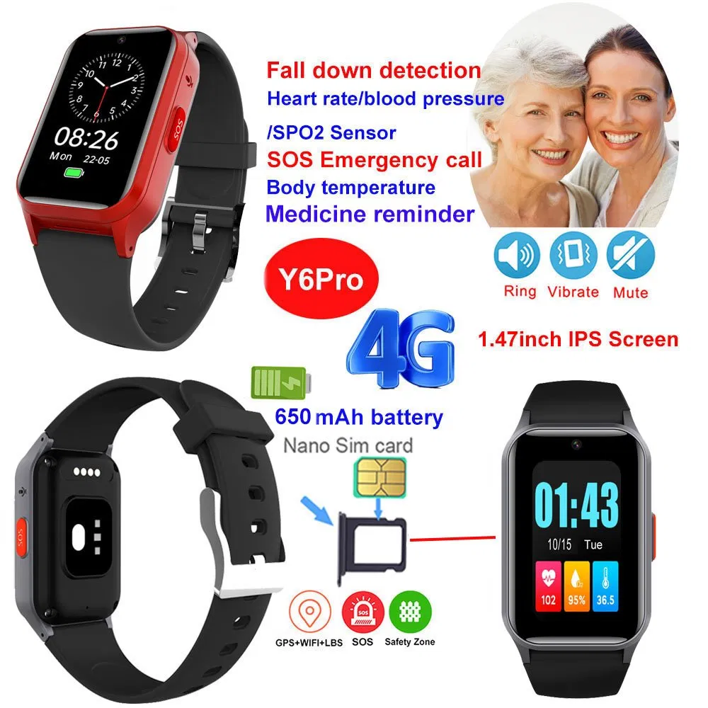 Hot selling China manufacture 4G IP67 waterproof adult healthcare smart GPS tracker watch with HR BP SPO2 fall down detection SOS emergency call Y6Pro