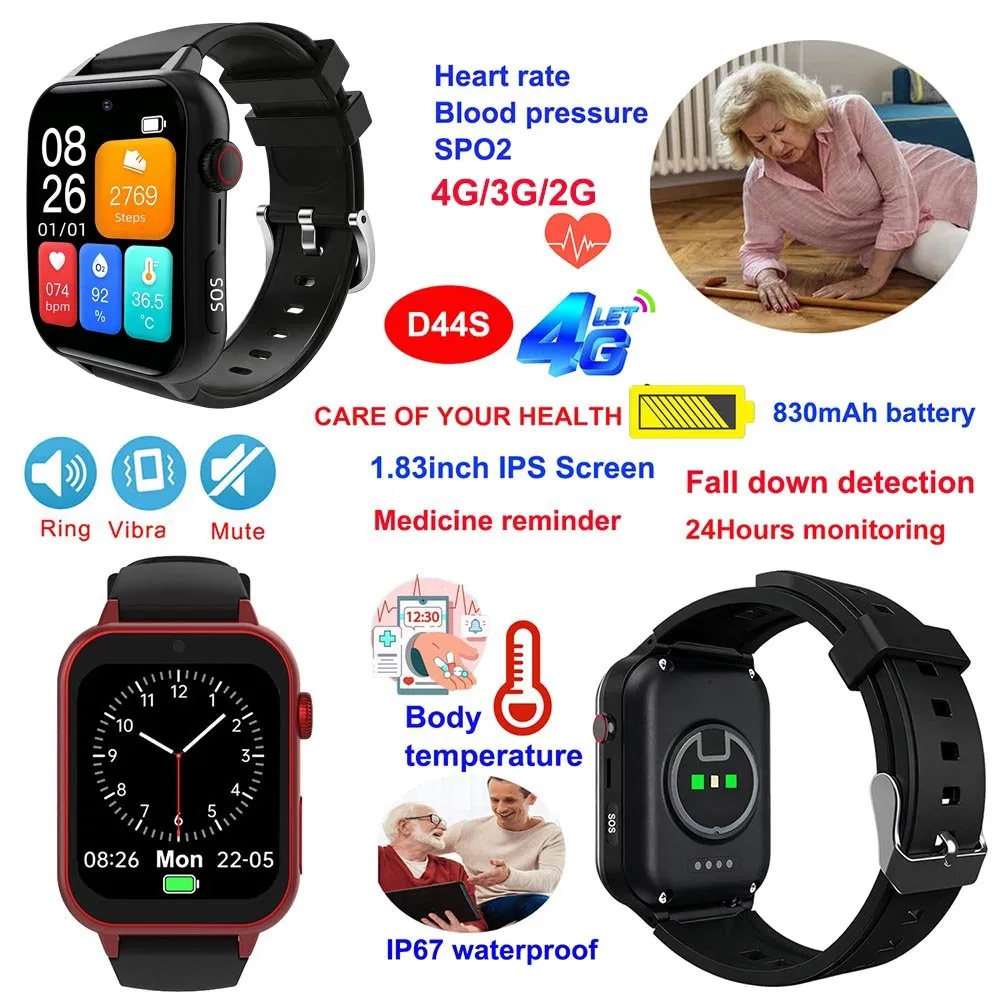 Hot selling 4G IP67 water resistance radian screen senior GPS tracker watch with SOS panic button for emergency call D44S