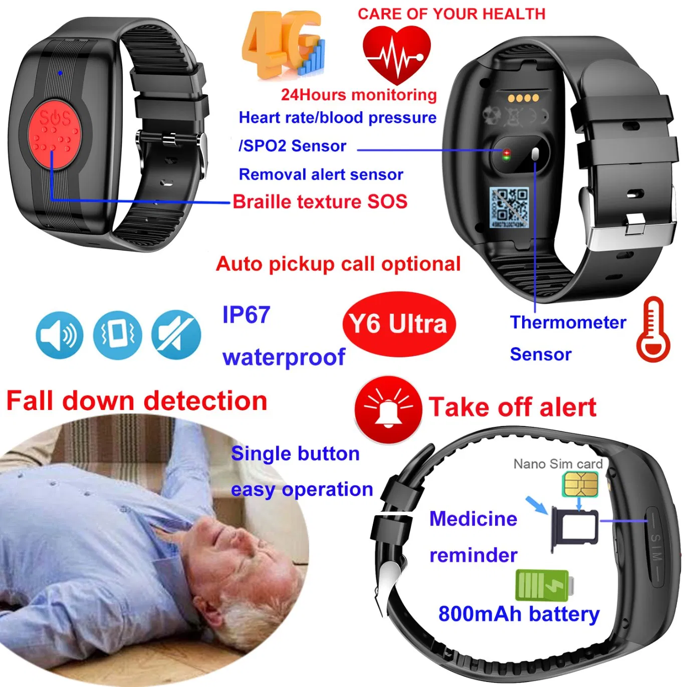 New Trendy 4G LTE Body Temperature Elderly Personal Security Smart GPS Tracker Watch with Fall Alarm removal detection Y6Ultra