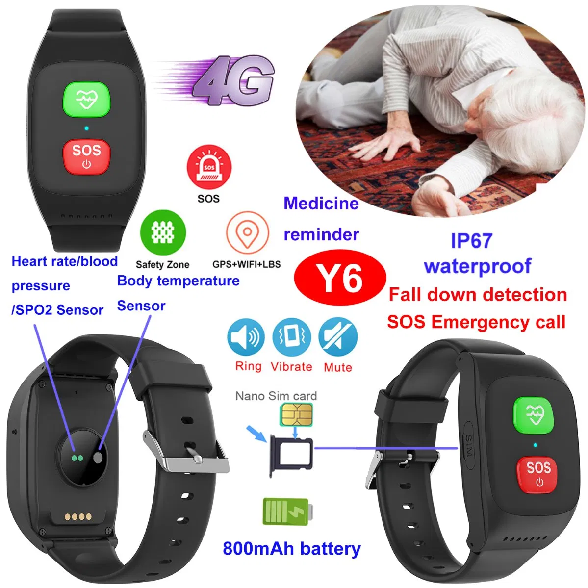 The latest China factory LTE IP67 waterproof smart senior healthcare GPS tracker bracelet with heart rate BP blood oxygen body temperature monitor Y6