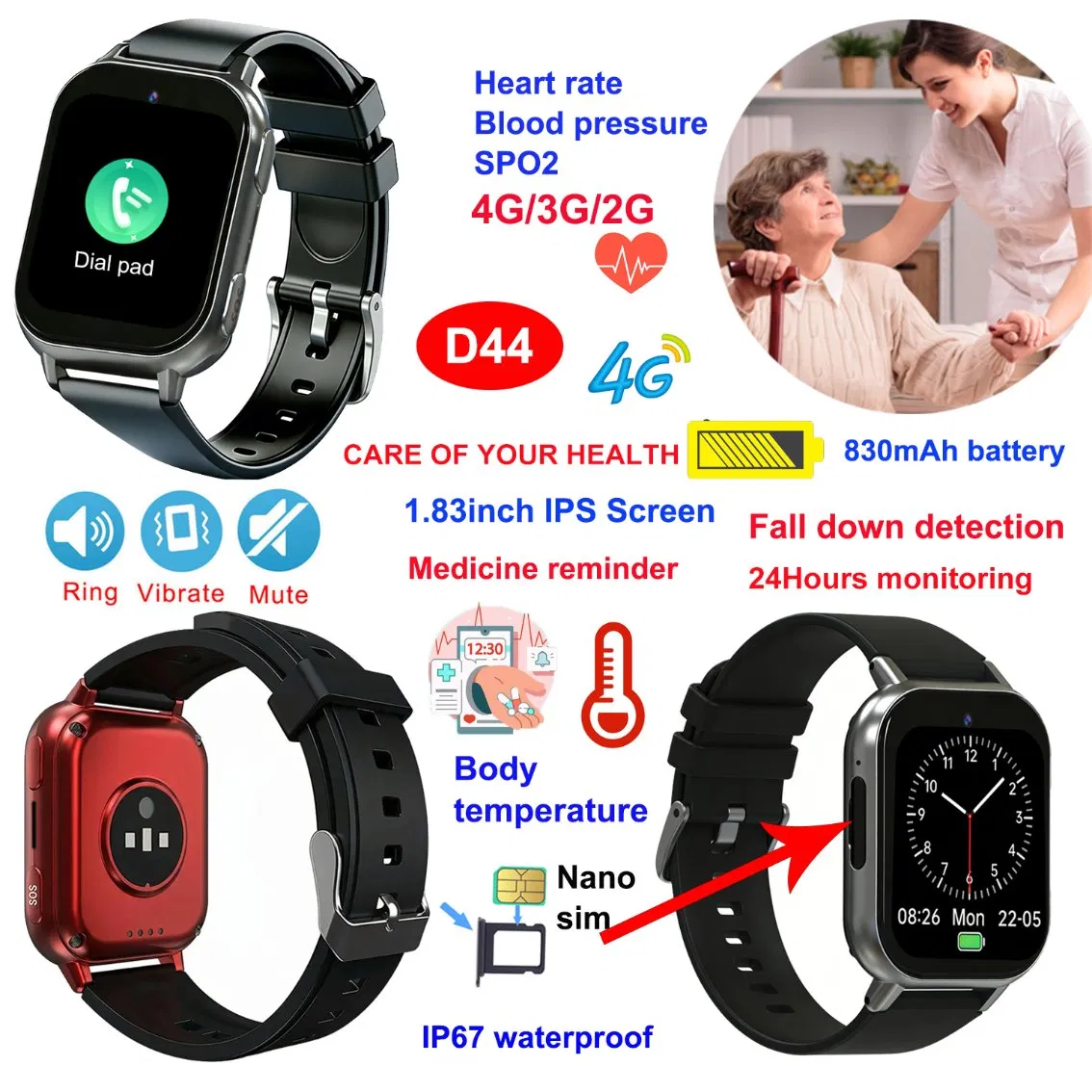 Long battery life IP67 water resistance 4G senior smart GPS Tracking watch with fall down alarm alert D44
