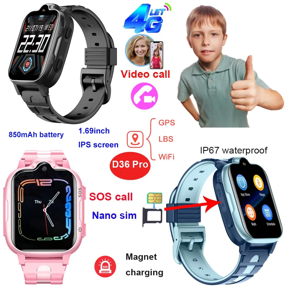 New launched China factory 4G IP67 waterproof parental control kids GPS tracker watch with two way video call for personal security D36Pro