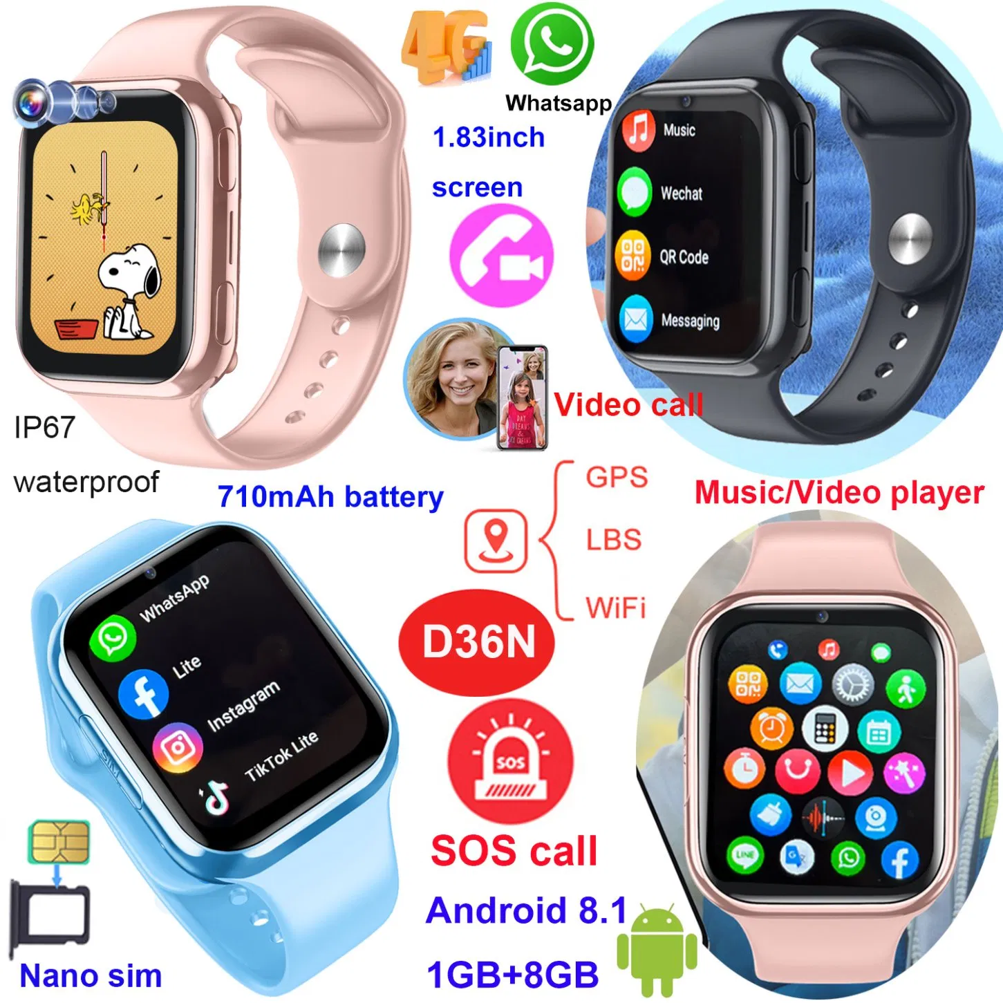 Wholesale new Design 4G IP67 Waterproof Kid GPS Smart Watch with Two Way Video Voice Call for Daily Chat D36N