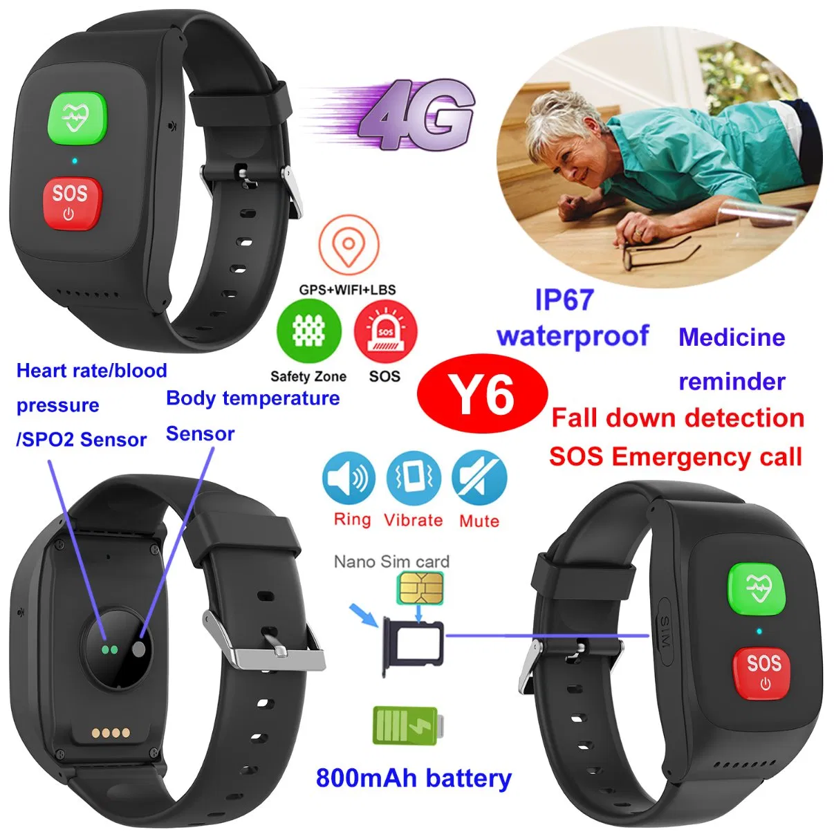 Top sell China factory 4G IP67 waterproof slim design elderly healthcare GPS SOS alarm watch with panic button safety zone setup for app alarm alerts Y6