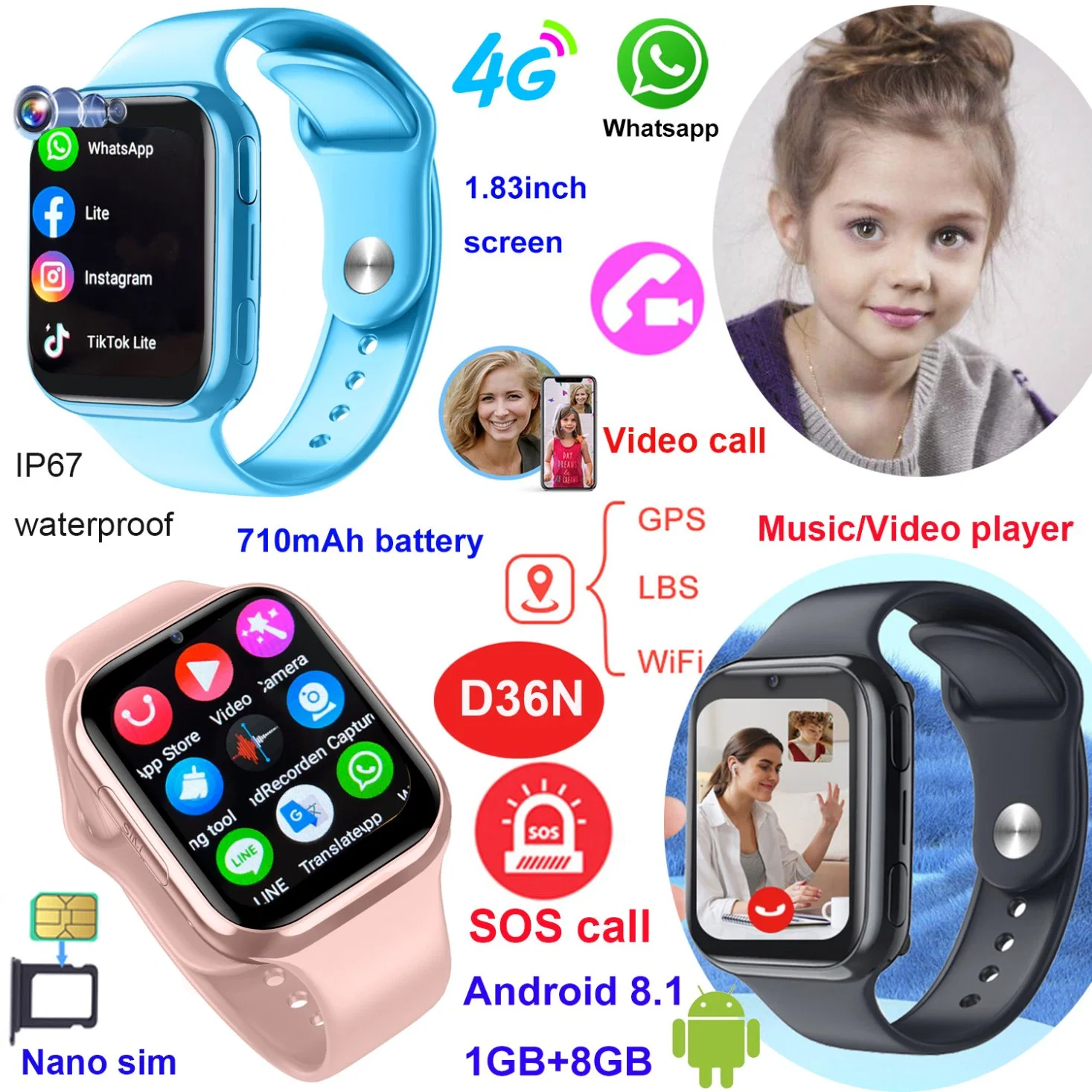 Wholesale 4G Students GPS Smart Watch with SOS panic button for prevent abducting D36N