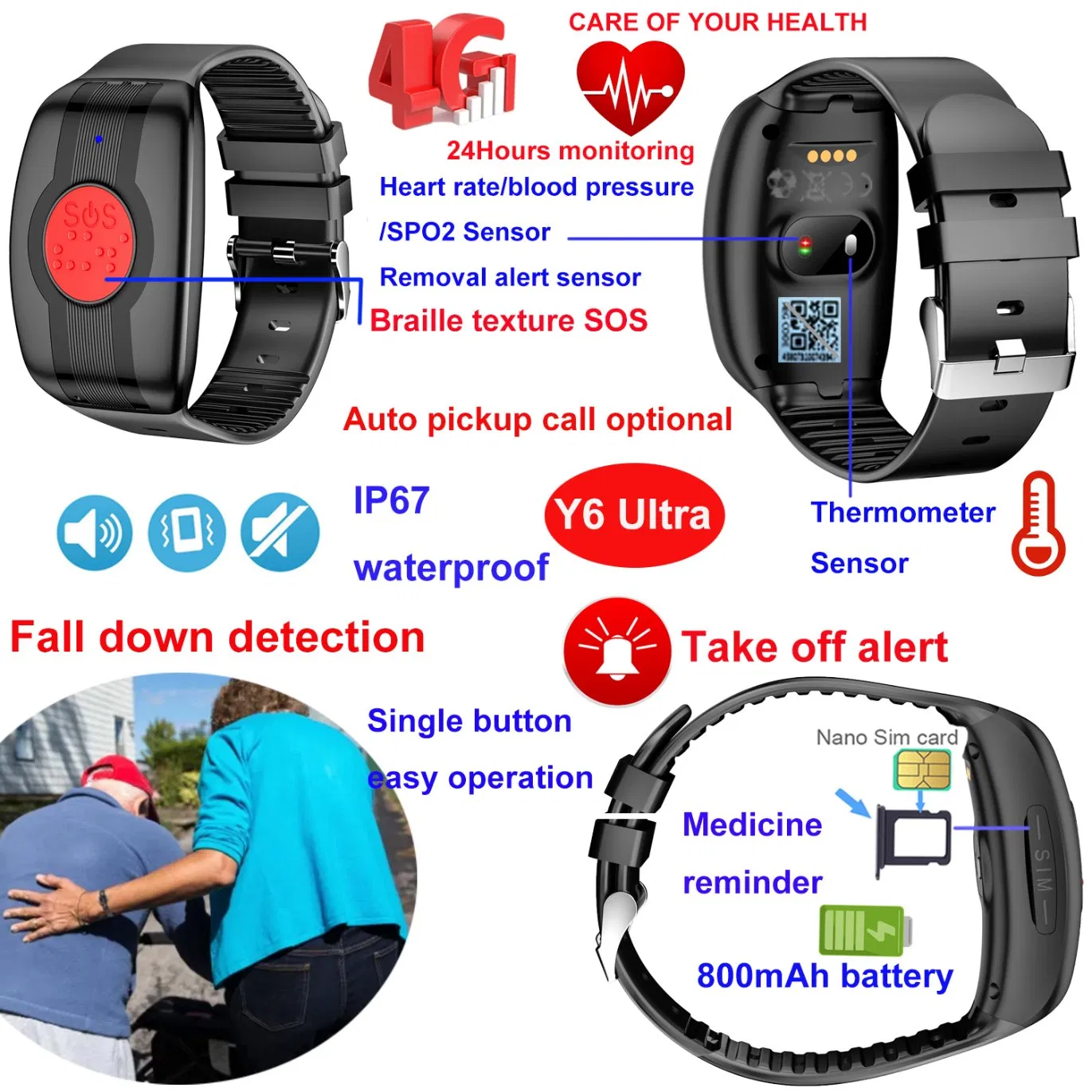 4G LTE IP67 Waterproof SOS body temperature Senior tracker Smart GPS Tracking Device with Heart Rate Blood Pressure Fall down Alert Y6Ultra