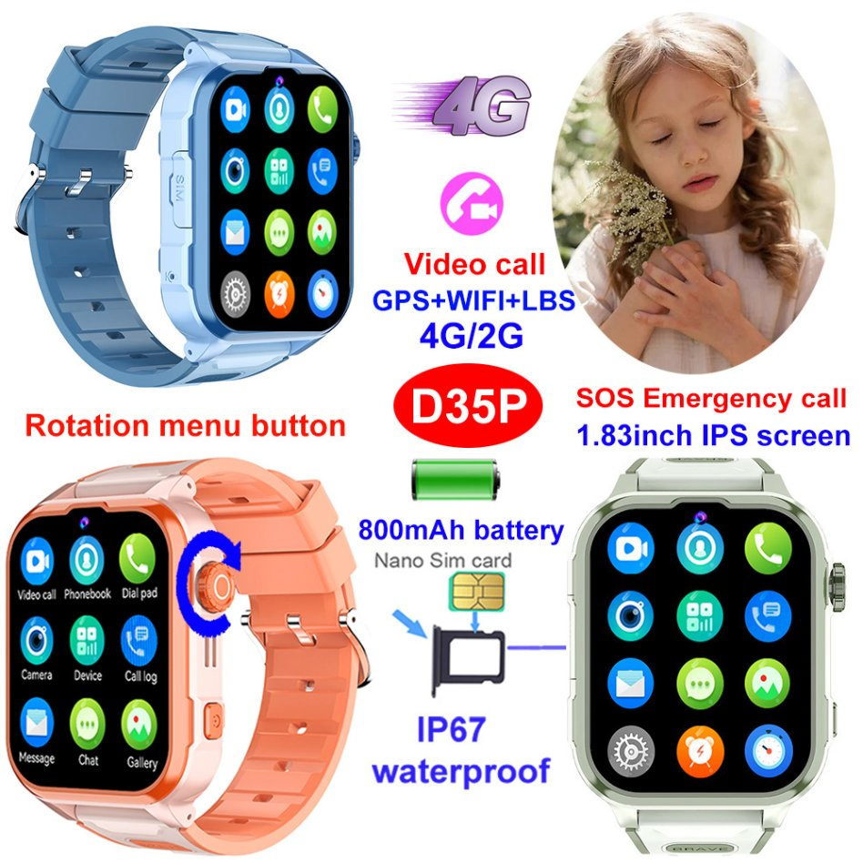 Fashion design China manufacture 4G IP67 waterproof digital boy girl smart GPS watch with video call rotation menu button history route SOS panic button D35P