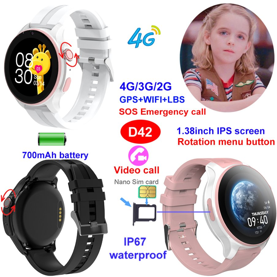 Top selling China manufacture 4G IP67 waterproof boy girl kids safety smart GPS tracker watch with rotation menu button live map monitoring two way voice D42