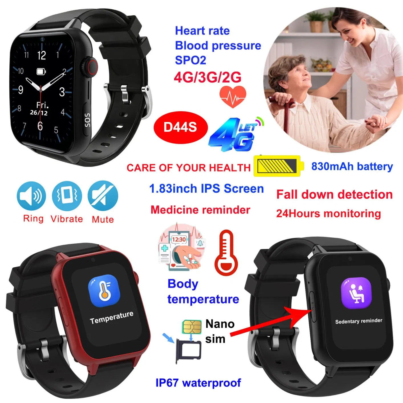 New design IP67 waterproof smart 4G GPS tracker watch with heart rate blood pressure blood oxygen body temperature monitoring D44S