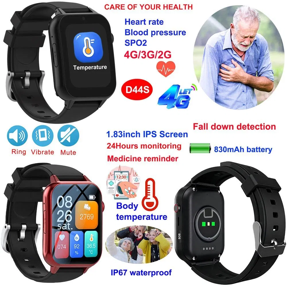 Best quality China manufacture 4G IP67 waterproof senior healthcare smart GPS watch tracker with HR BP SPO2 Thermometer fall down detection D44S