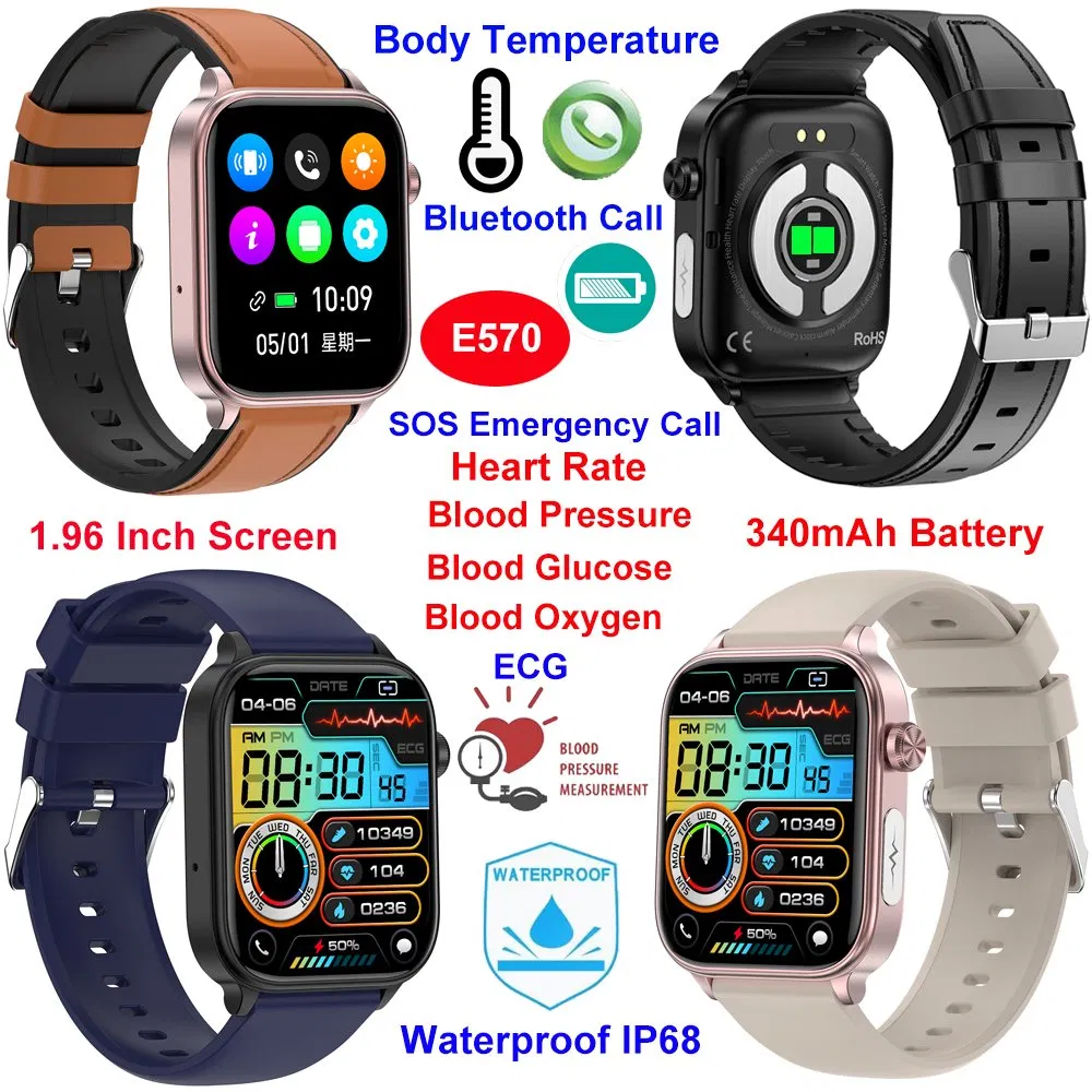 The latest China factory IP68 waterproof accurate senior healthcare smart bluetooth watch with HR BP SPO2 blood glucose body temperature monitor E570