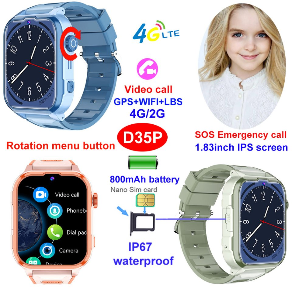 Top quality 4G China manufacture IP67 waterproof child smart GPS tracker watch with rotation menu button video call Geo-fence alerts SOS panic button D35P